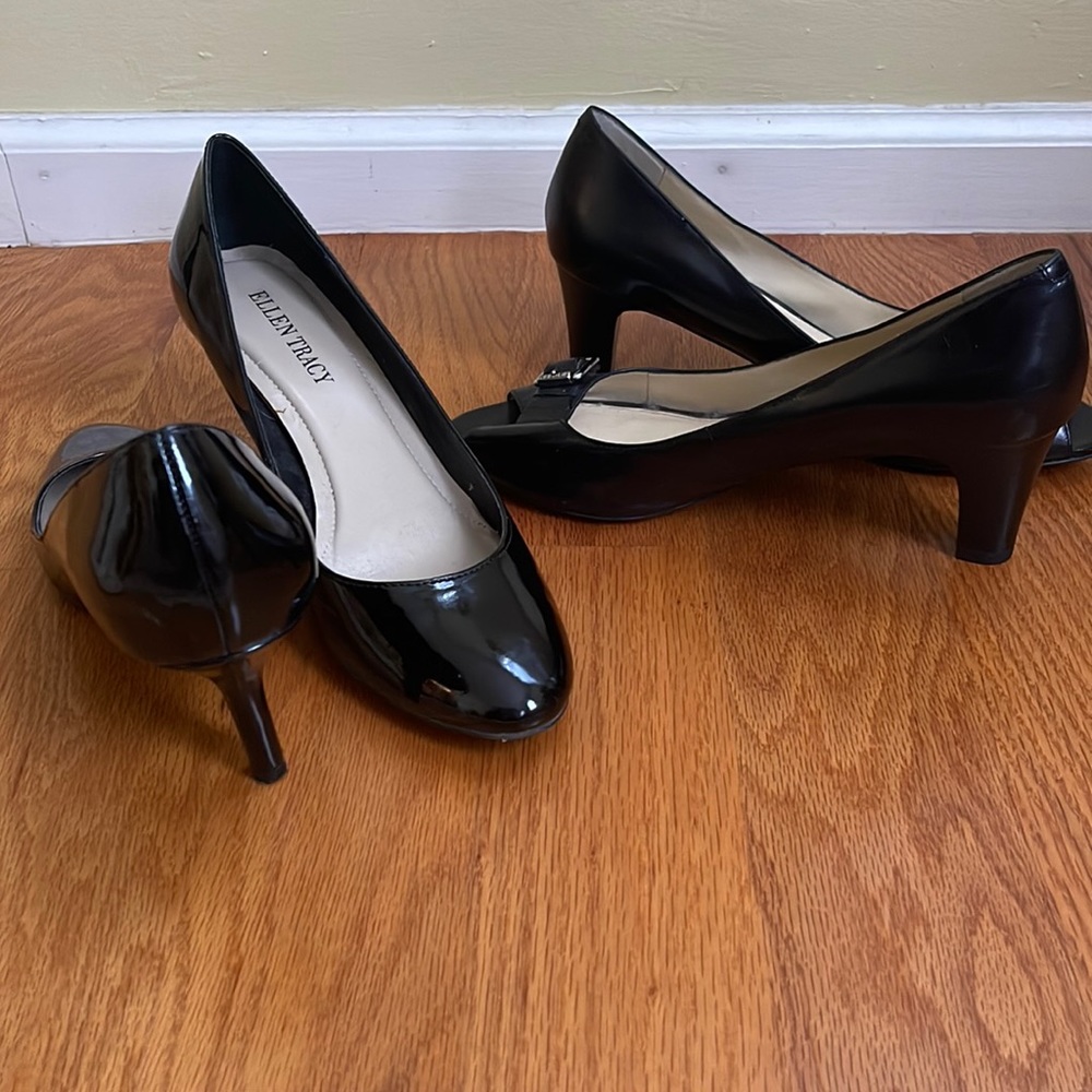 2 pairs  heels, patent Ellen Tracy (slightly worn), black leather Lauren (new)